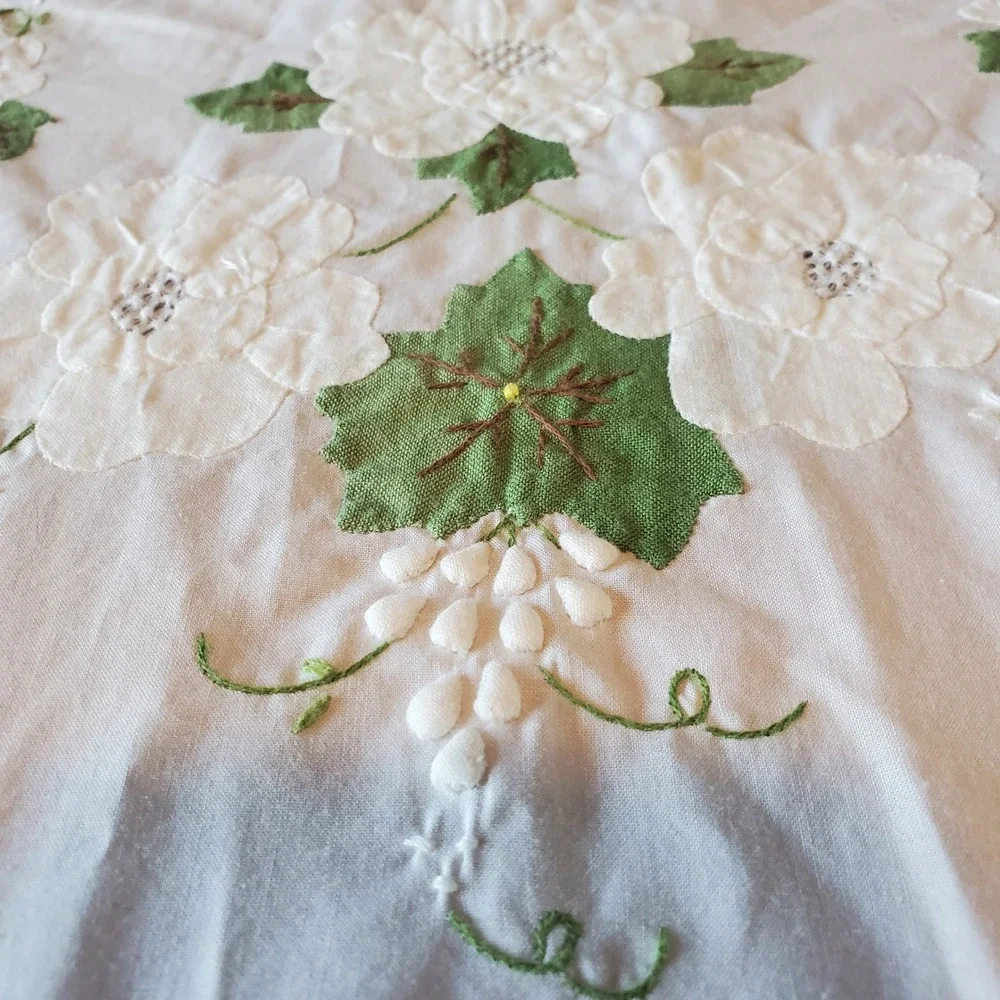 Vintage Hand Embroidered Floral Applique White Cotton Tablecloth 86